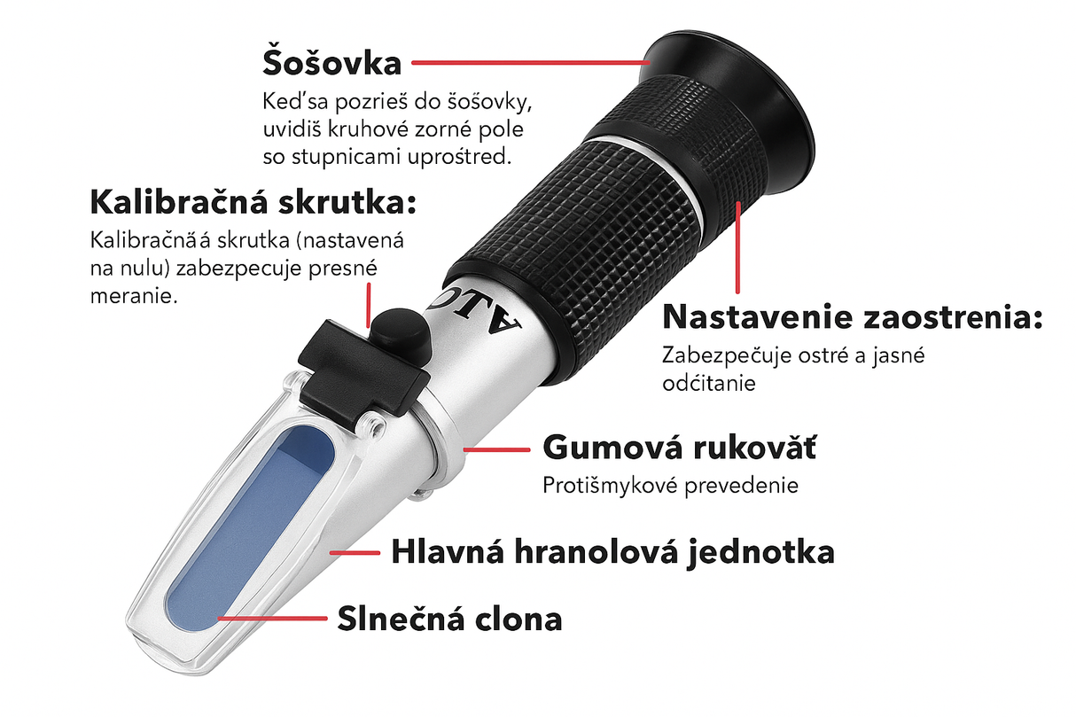 Refraktometer na meranie alkoholu s LED