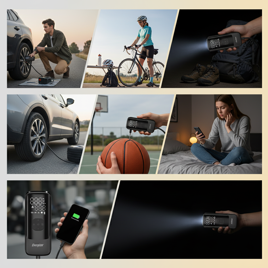 Mini kompresor do auta vstavanou led baterkou a powerbankou