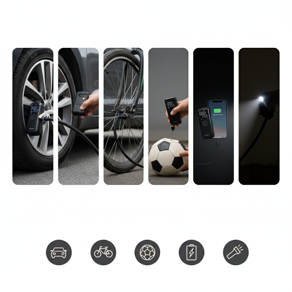 Mini kompresor do auta vstavanou led baterkou a powerbankou